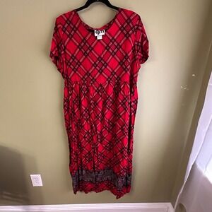 Vintage EJM Red Plaid Tartan Maxi Dress Paisley Sz 16 Holiday Prairie High Waist